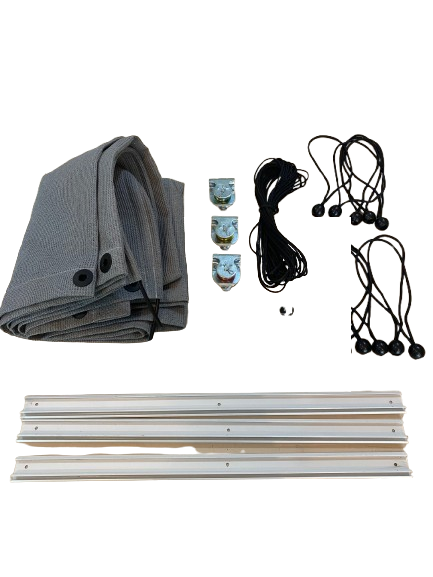 Custom shadecloth materials including grommets, aluminum mounting rail, and turn buttons
