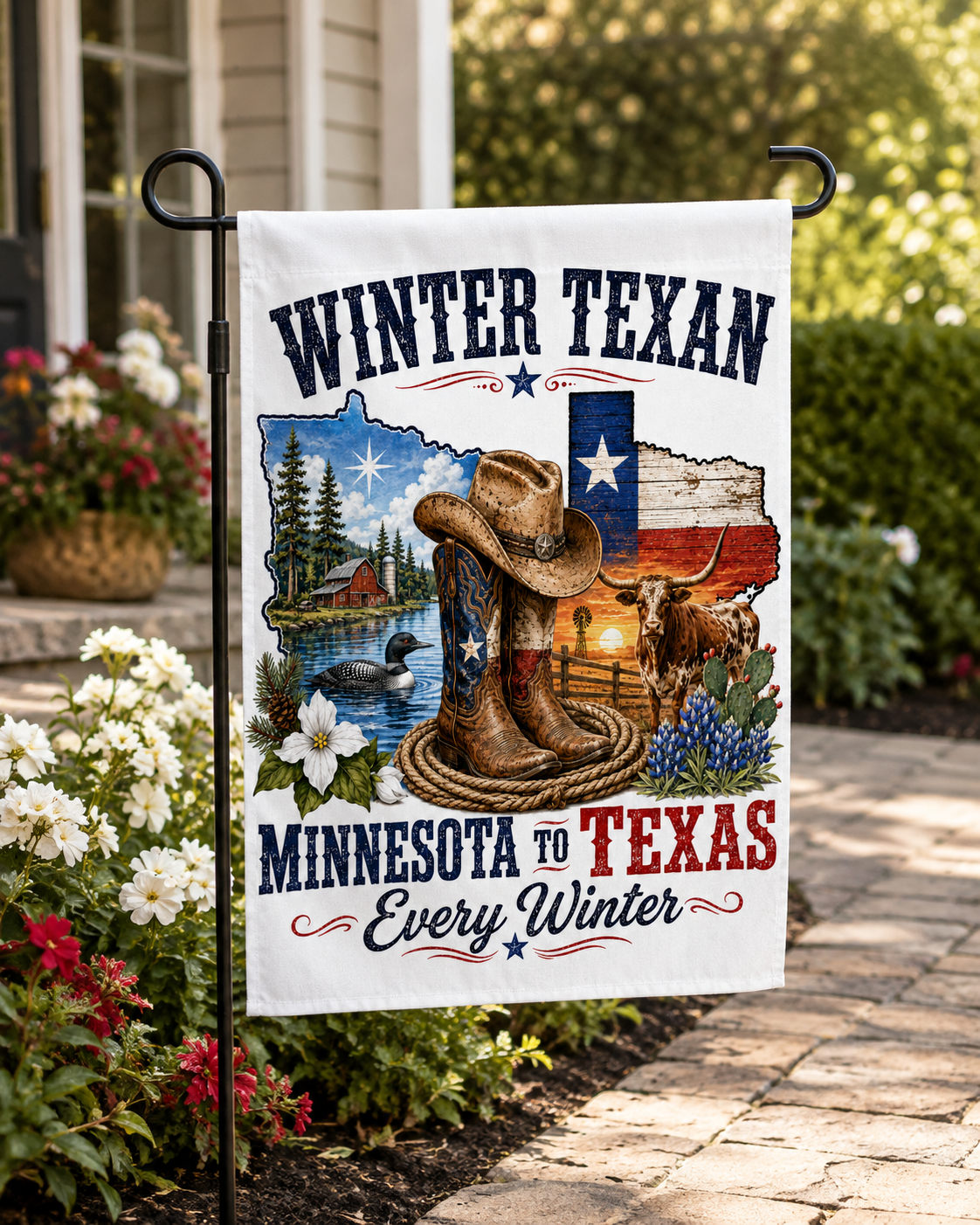 Minnesota Winter Texan Garden Flag | Vintage Rustic