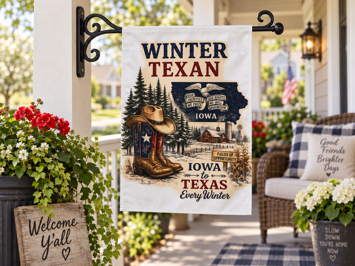 Iowa Winter Texan Garden Flag | Scenic Rustic
