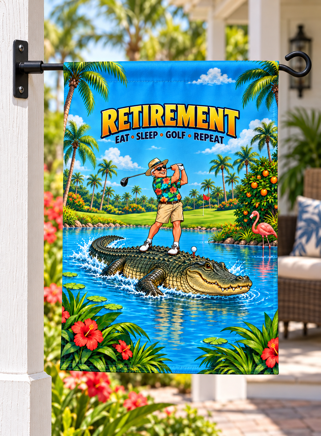 Retirement Eat Sleep Golf Repeat Garden Flag – Swamp Edition