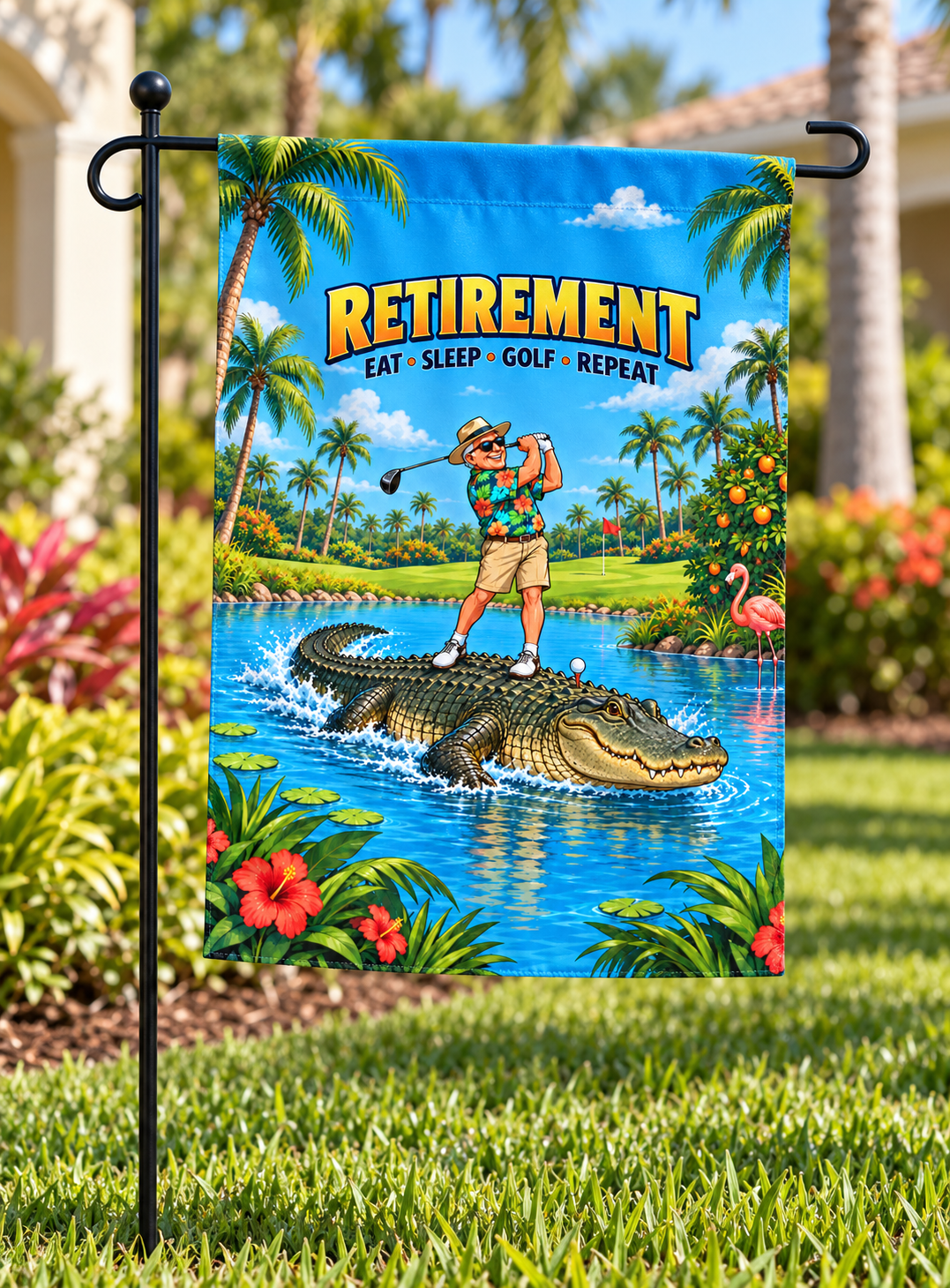 Retirement Eat Sleep Golf Repeat Garden Flag – Swamp Edition